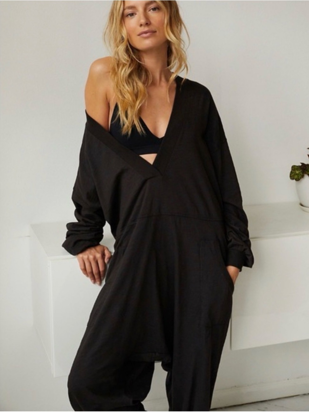 Free People Intimately “Just because Onesie” - Oversized V-Neck Black Jumpsuit